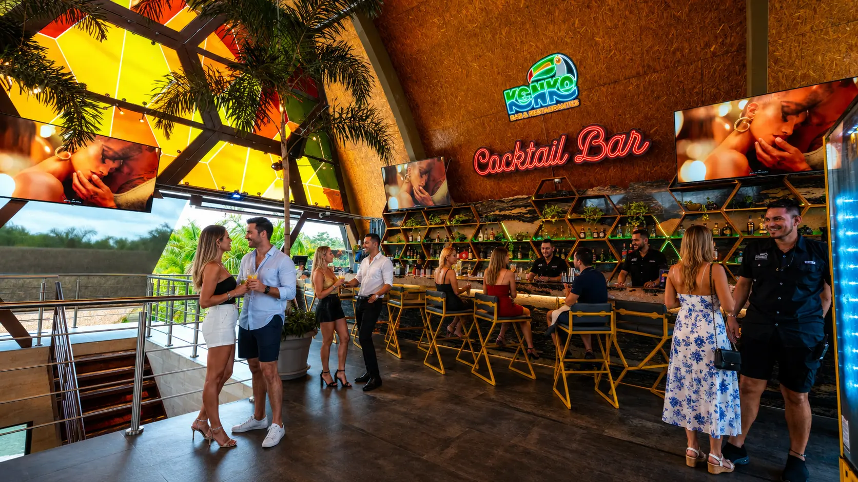 Kenko Cocktail Bar interior with stained glass roof and guests
