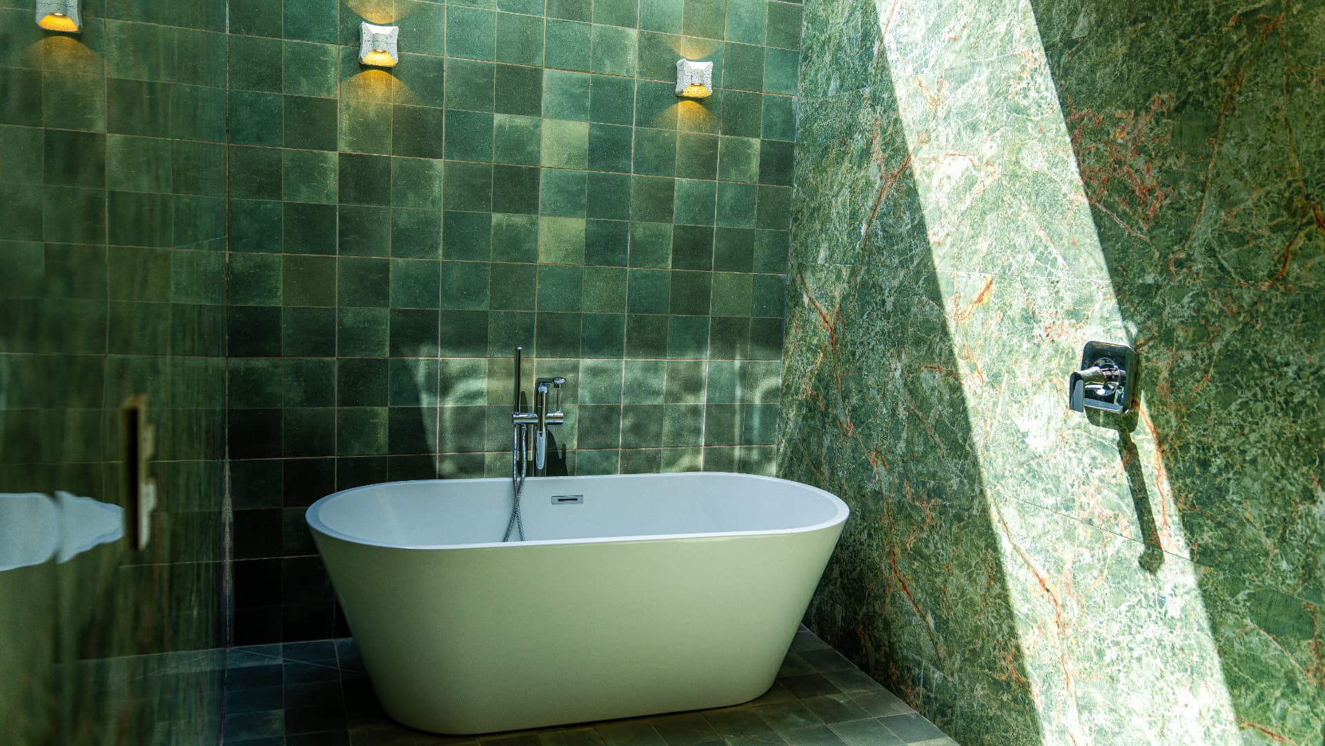 Emerald tiled bathroom with freestanding tub