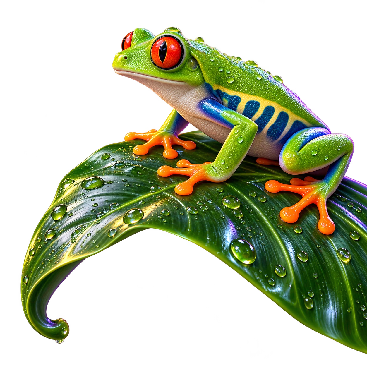 An illustrated red-eyed tree frog sitting on a glossy leaf